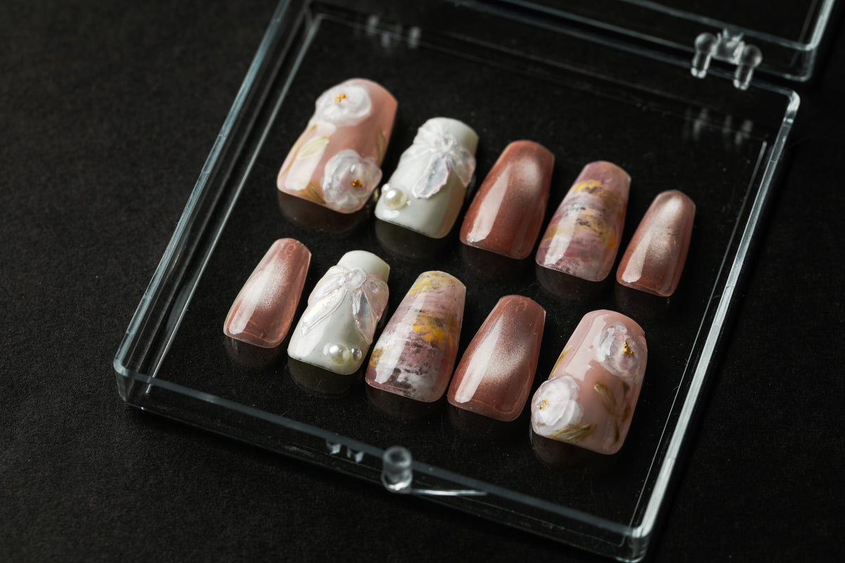 くすみピンク×立体フラワー&リボン