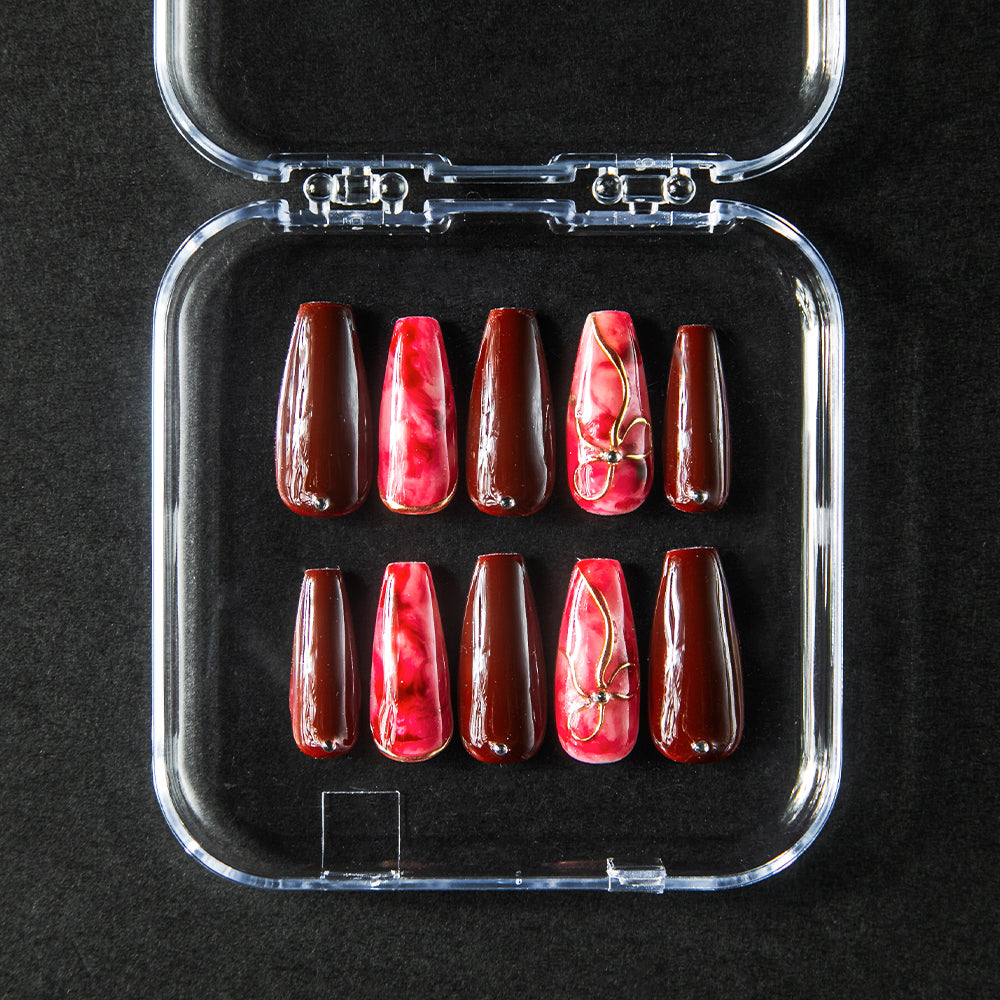 大人リボン・ボルドーマーブル(オーダーネイルチップ)