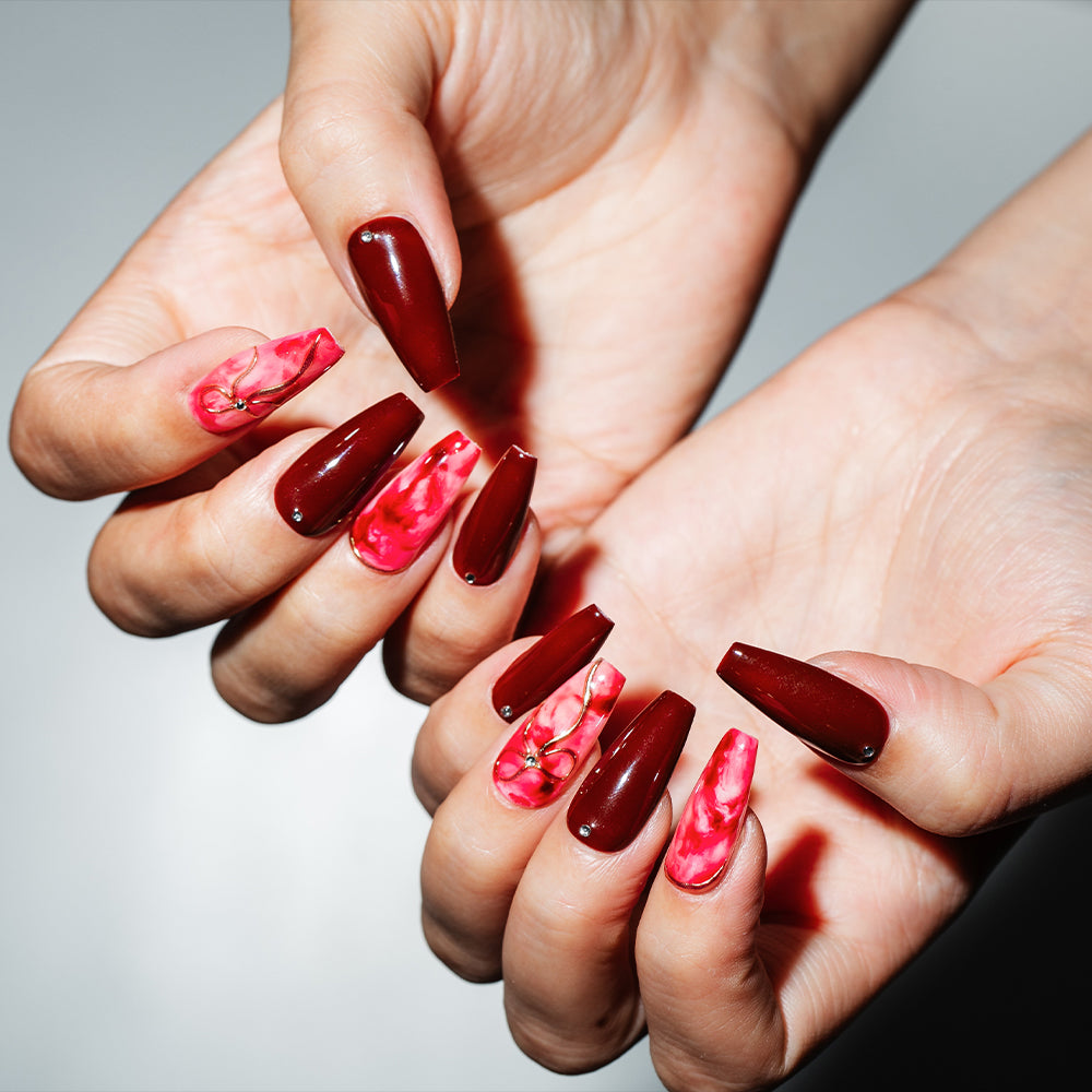 大人リボン・ボルドーマーブル(オーダーネイルチップ)