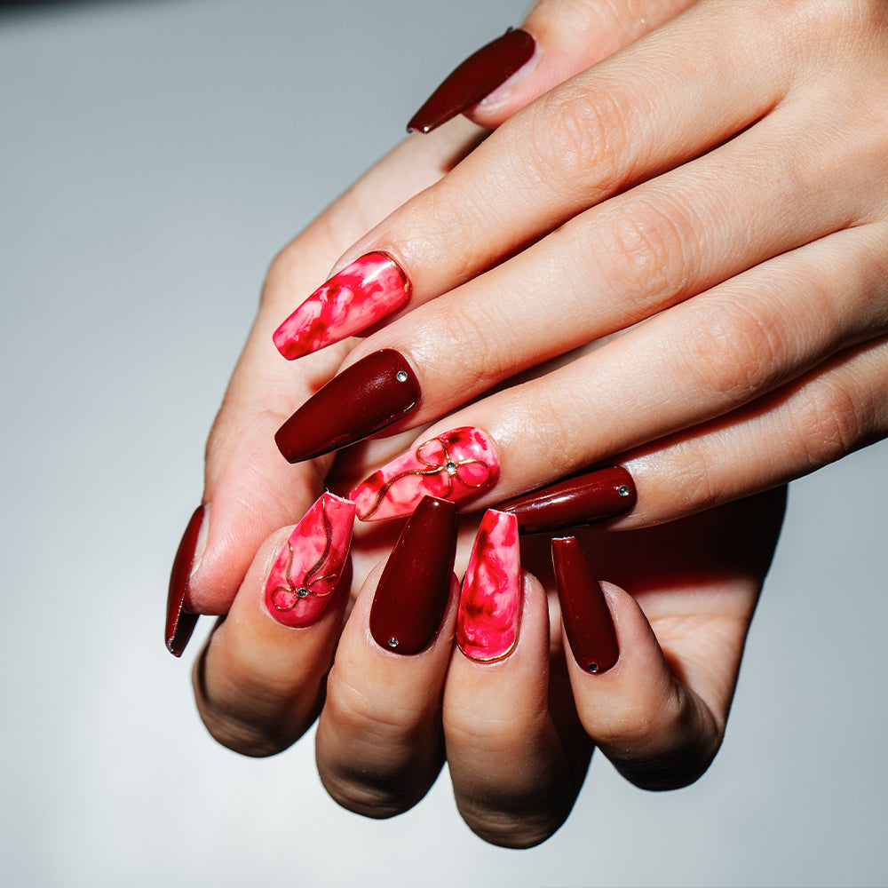 大人リボン・ボルドーマーブル(オーダーネイルチップ)