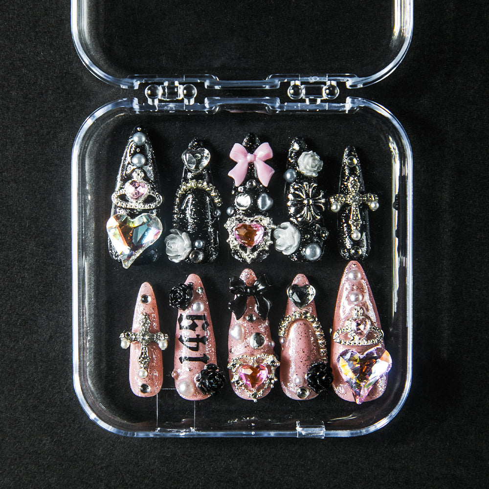 推し活ハート・ブラックピンクパーツ盛り(オーダーネイルチップ)