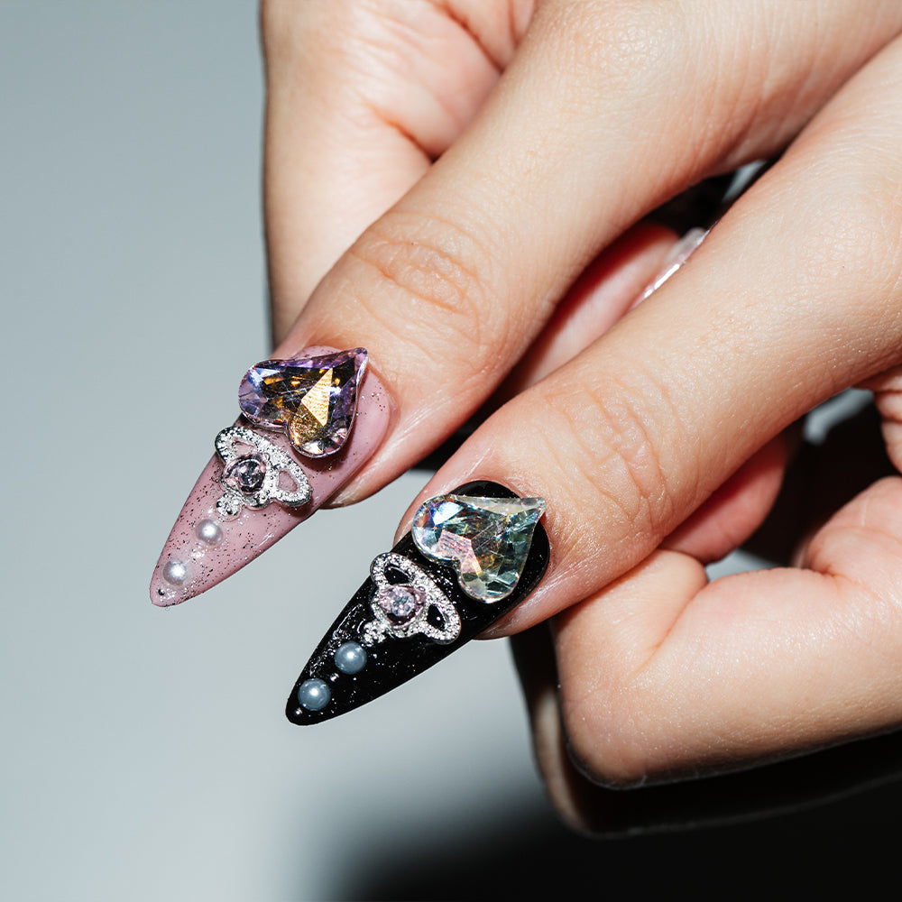 推し活ハート・ブラックピンクパーツ盛り(オーダーネイルチップ)