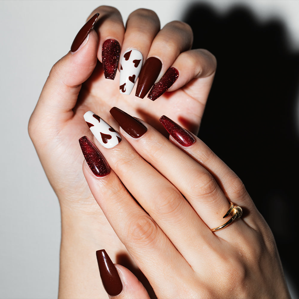 バレンタインハートボルドーネイル(オーダーネイルチップ)