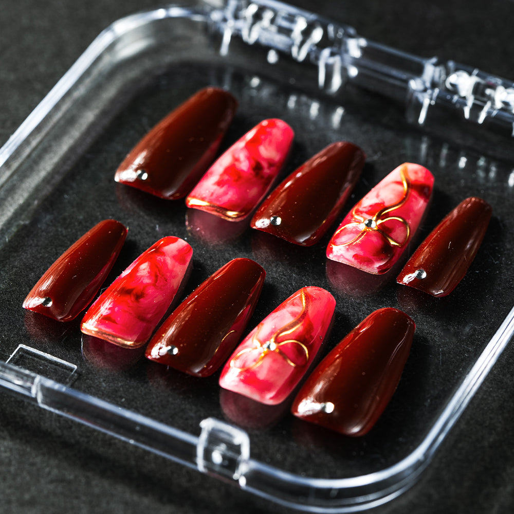 大人リボン・ボルドーマーブル（オーダーネイルチップ）