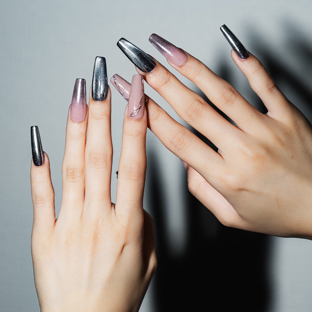 Mirror Silver x Pink Beige Gradient Ballerina (Custom Nail Tips)