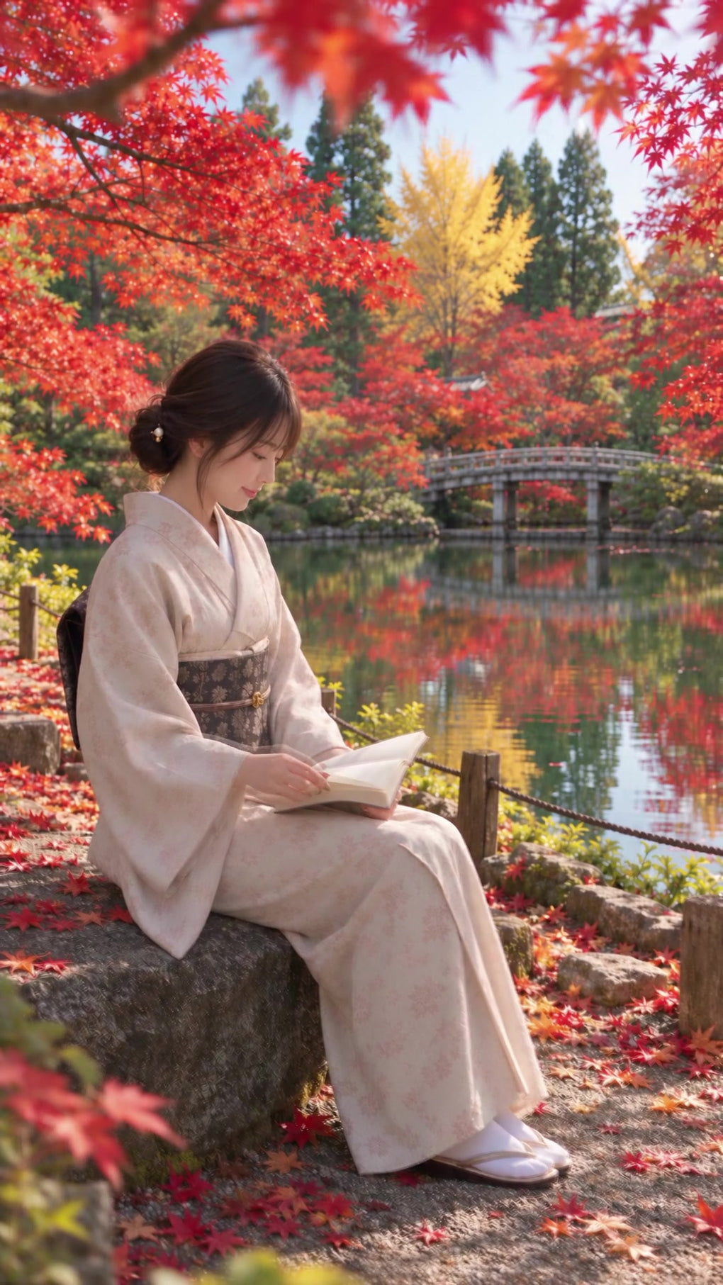 紅葉の庭で和服姿の女性が読書する、Jamila秋季コレクションのイメージ